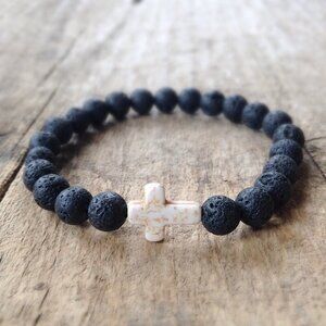 White Cross Black Lava Stone Beaded Stretch Bracelet 10mm beads - Size 8 inches